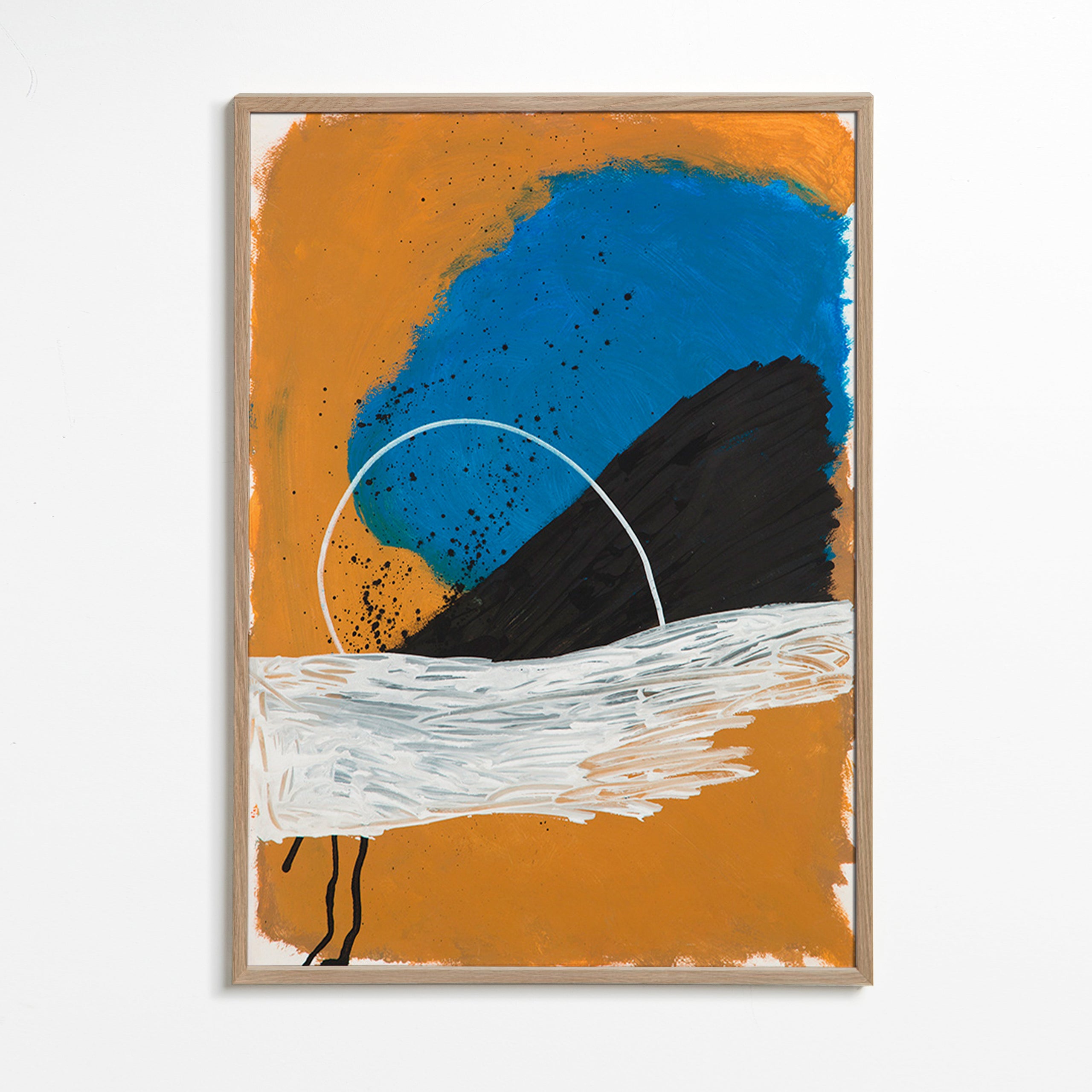 Œuvre abstraite arc côtier en ocre et bleu – Oak Frame