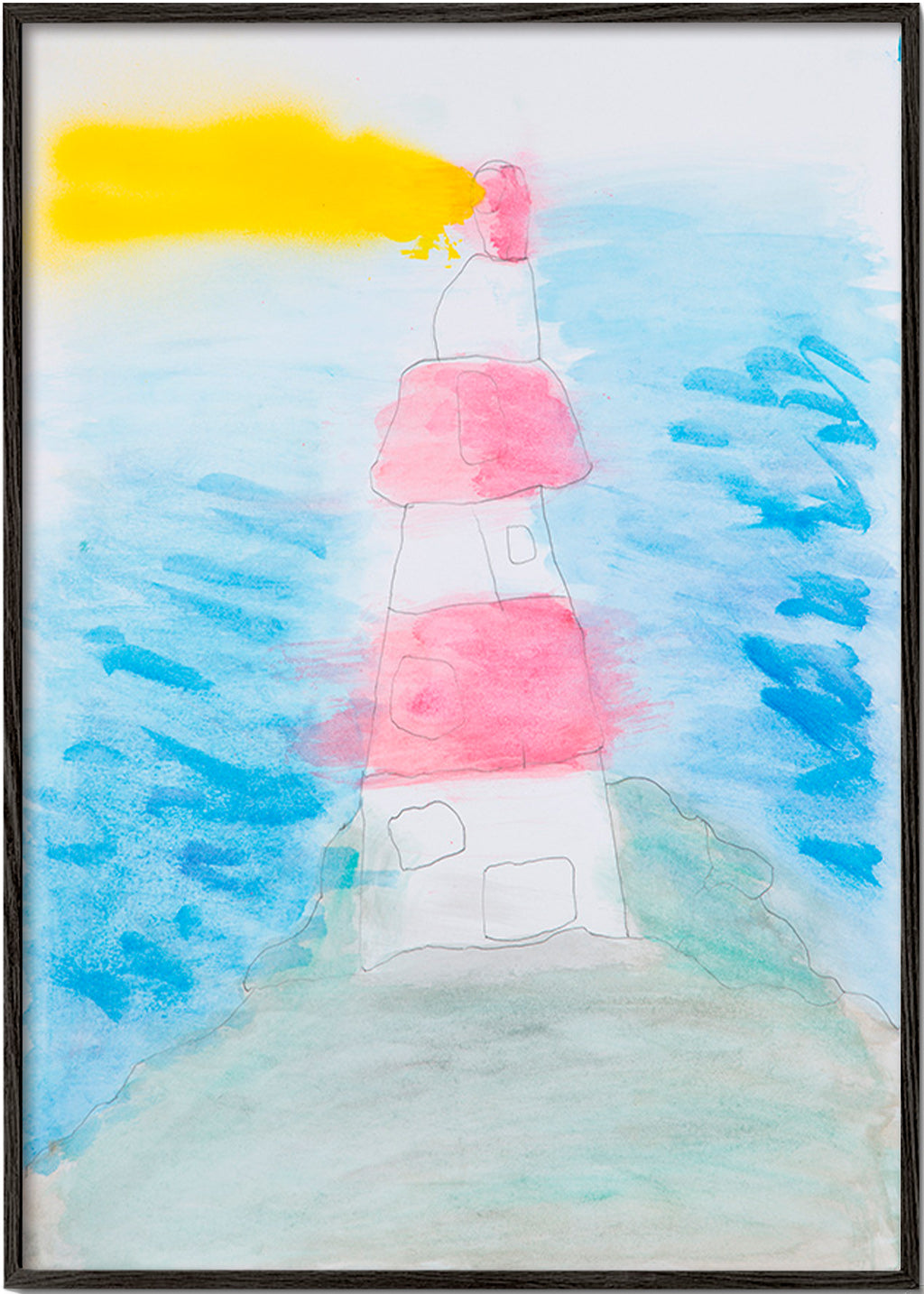 Art de paysage avec phare en aquarelle – Black Frame