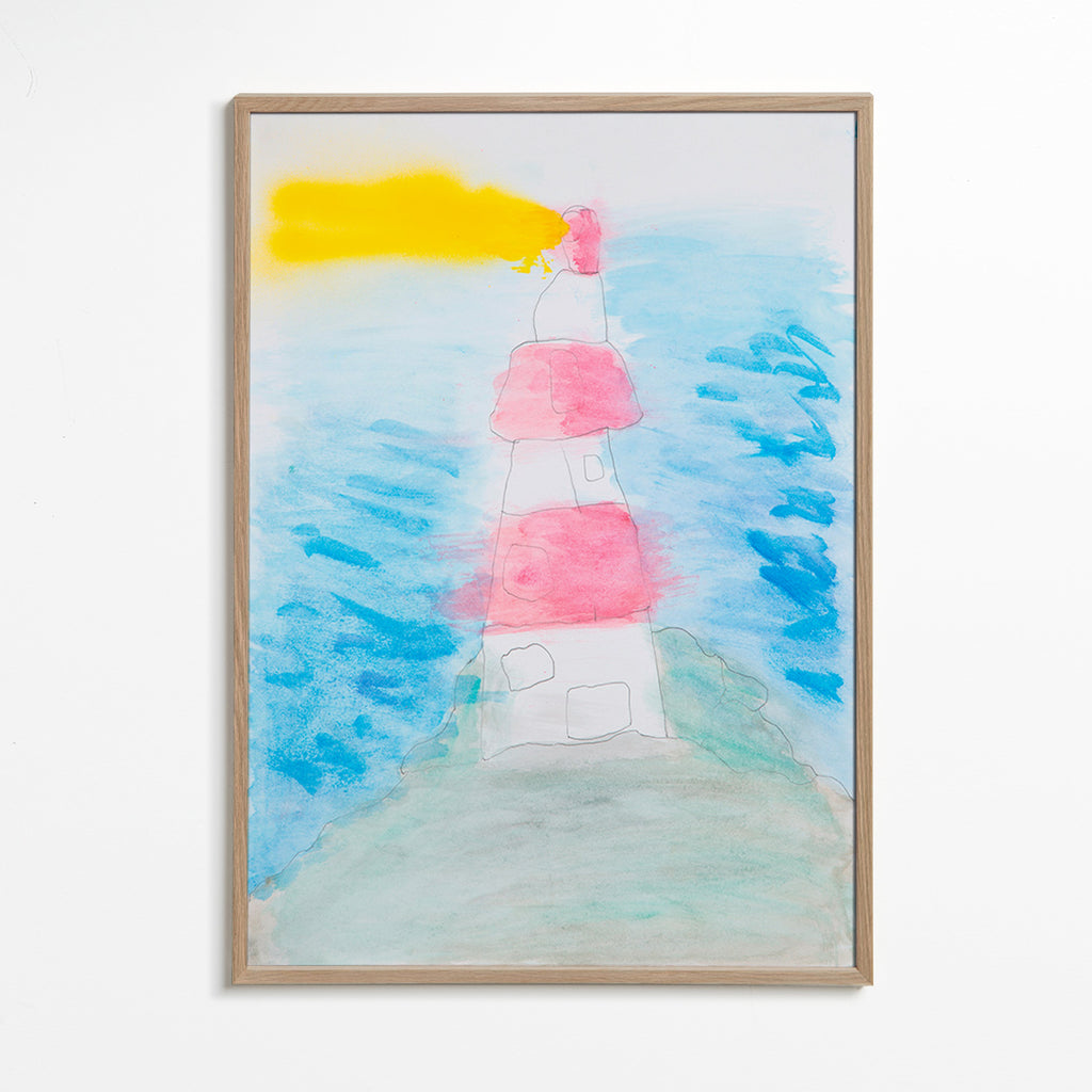 Art de paysage avec phare en aquarelle – Oak Frame