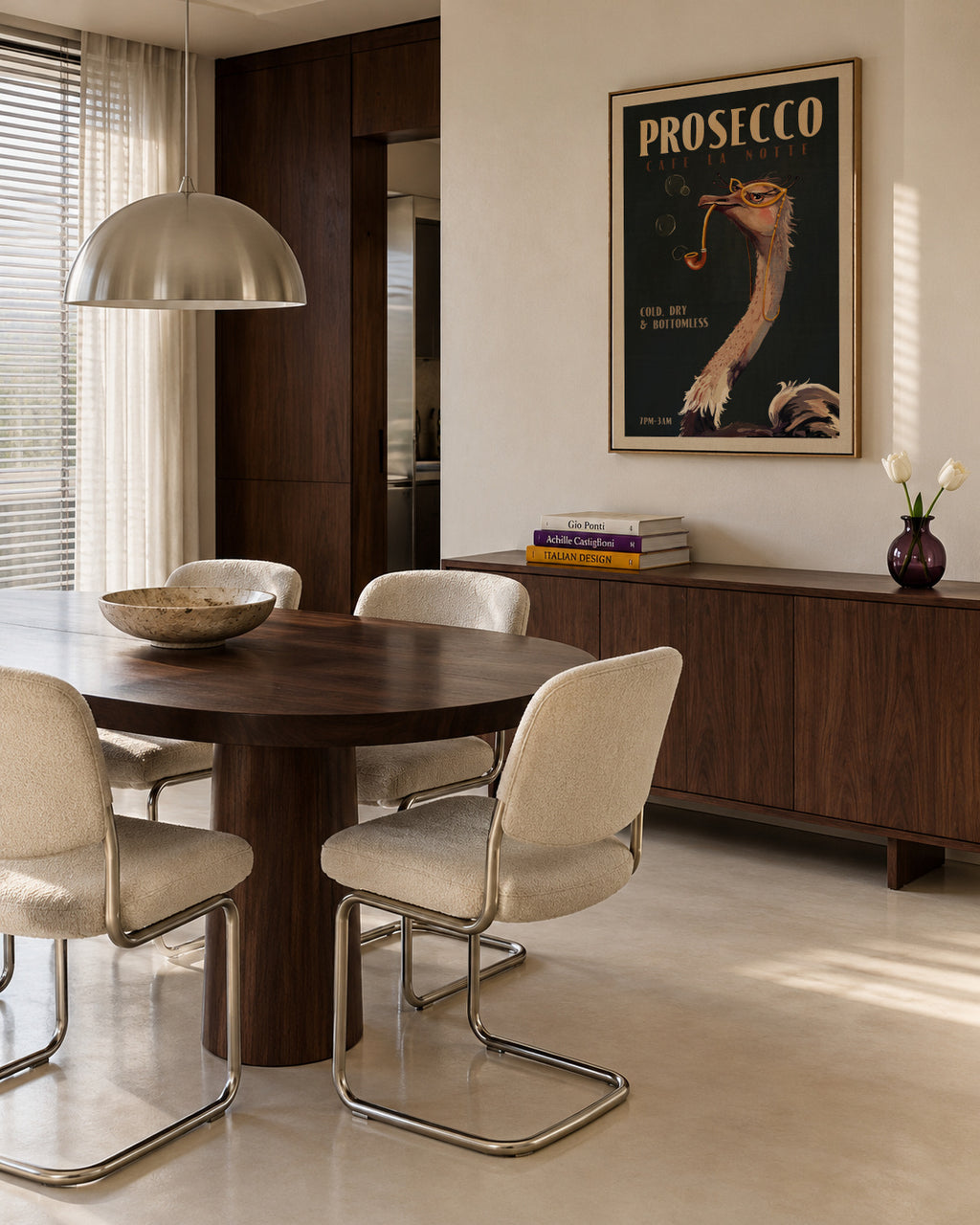 Cute Art Deco Prosecco Poster Of An Ostrich - Framed canvas in an interior