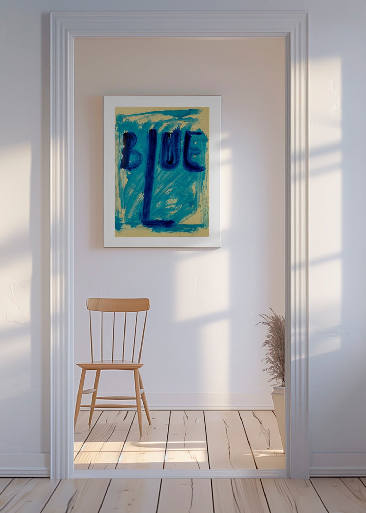 Cuadro abstracto con tipografía azul pintada a mano – Canvas