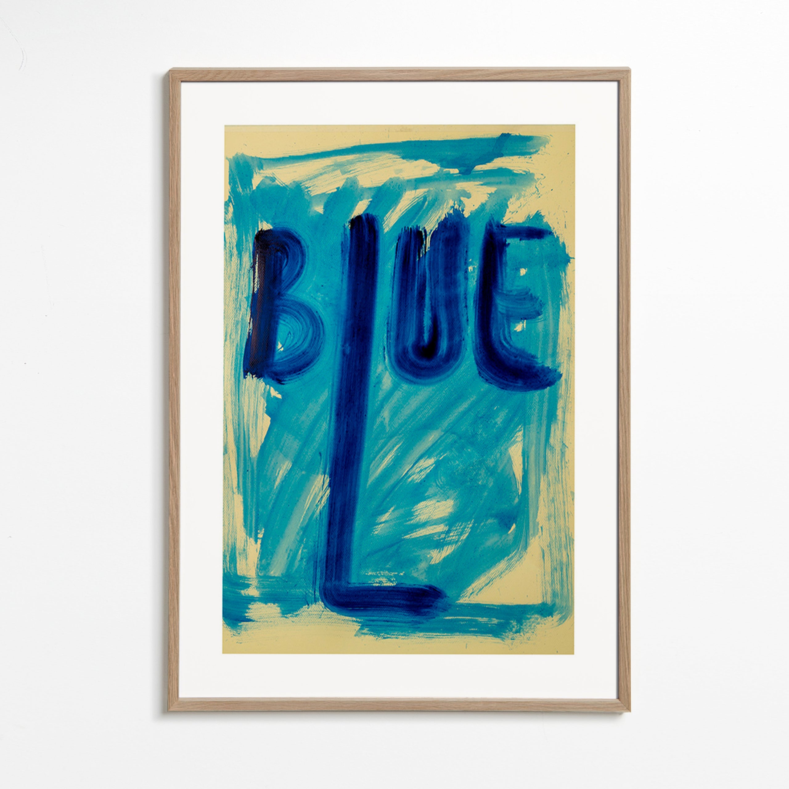 Cuadro abstracto con tipografía azul pintada a mano – Oak Frame