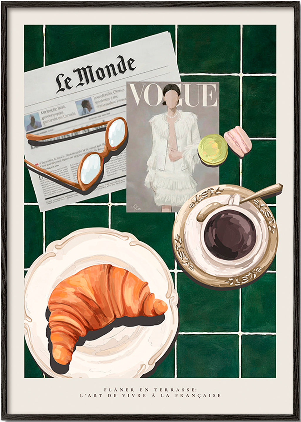 Art de cuisine avec croissant et café