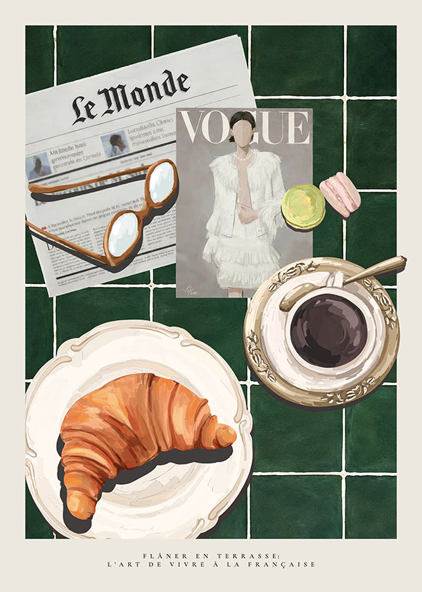 Art de cuisine avec croissant et café