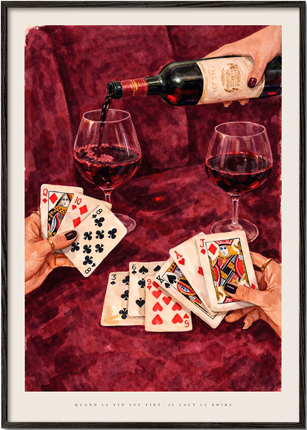 Art de cuisine avec cartes à jouer et vin rouge