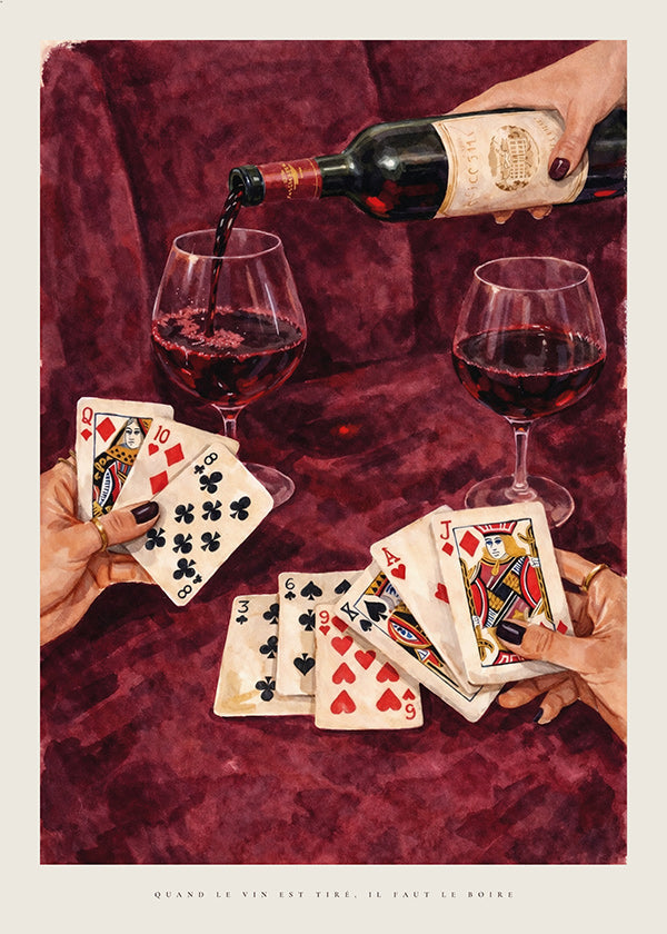 Art de cuisine avec cartes à jouer et vin rouge