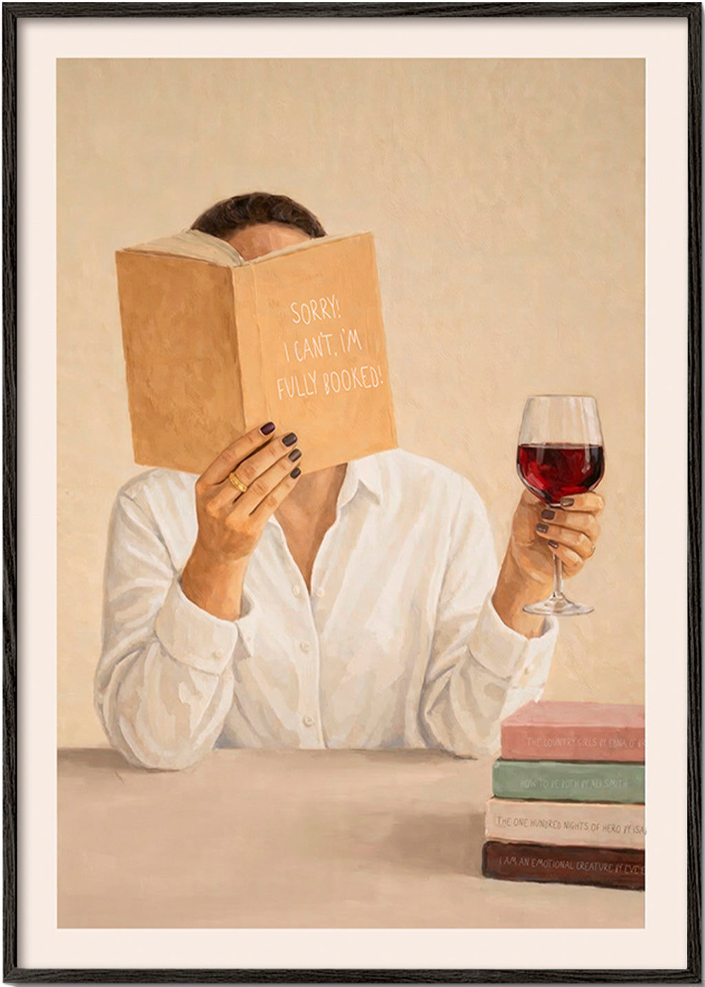 Art de cuisine: femme lisant avec un verre de vin