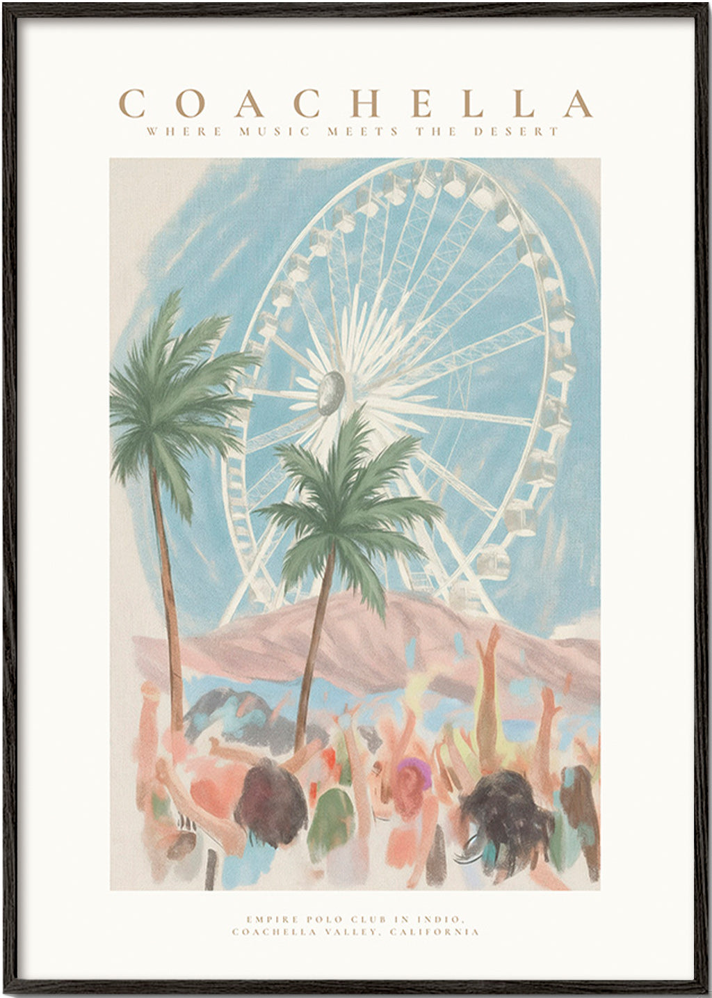 Illustration Coachella avec grande roue et palmiers