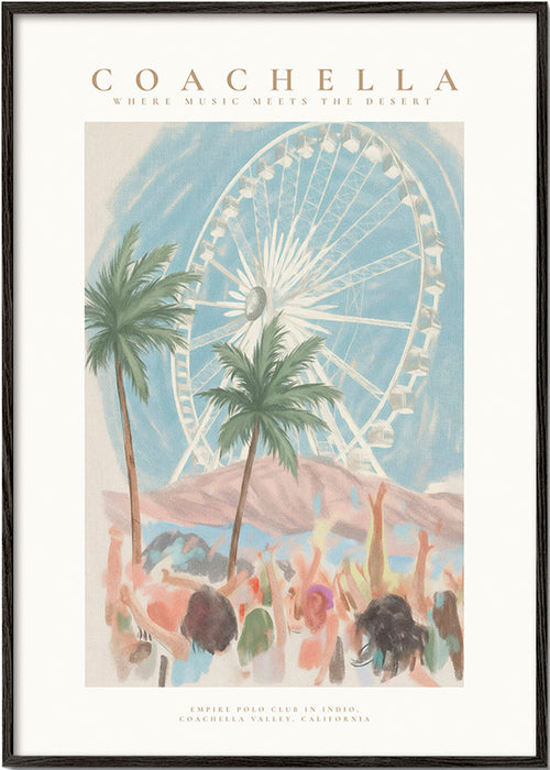 Illustration Coachella avec grande roue et palmiers