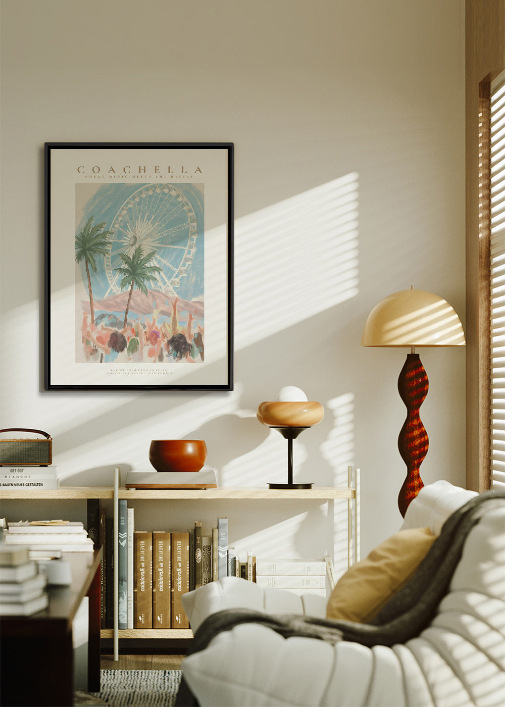 Illustration Coachella avec grande roue et palmiers