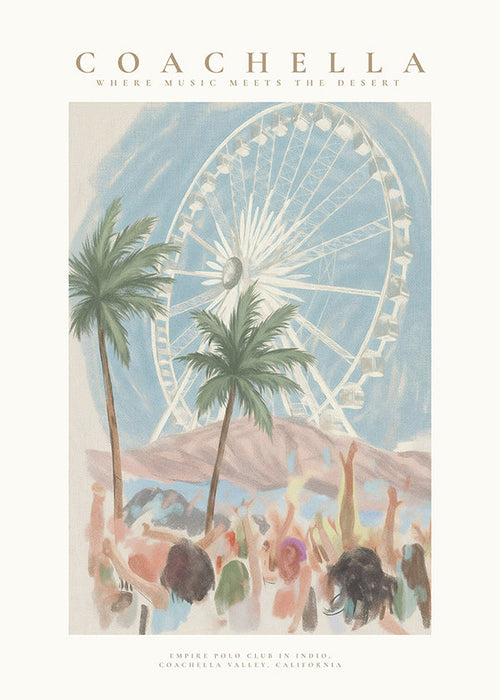 Illustration Coachella avec grande roue et palmiers