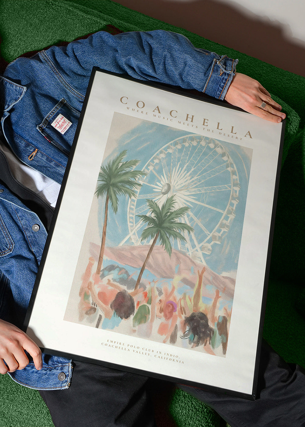 Illustration Coachella avec grande roue et palmiers