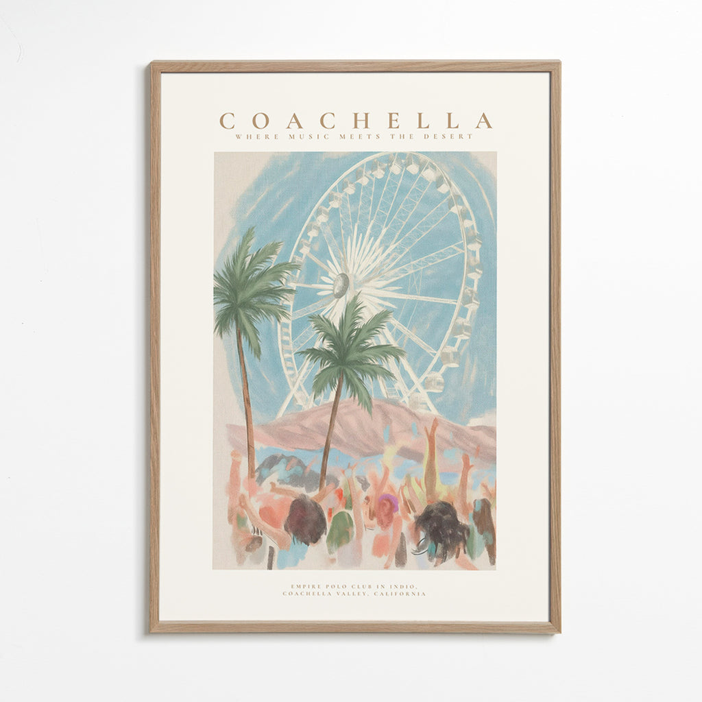 Illustration Coachella avec grande roue et palmiers