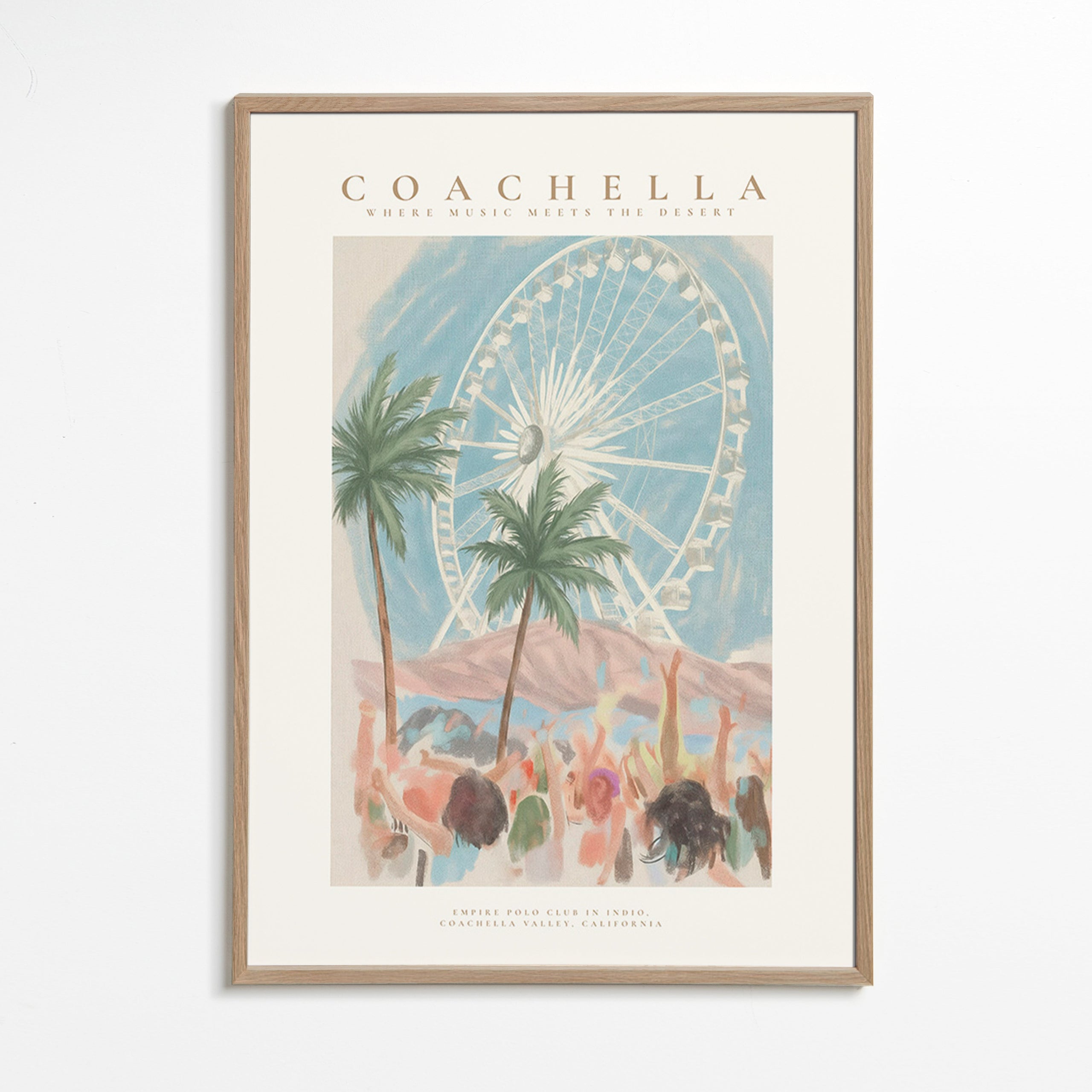 Illustration Coachella avec grande roue et palmiers