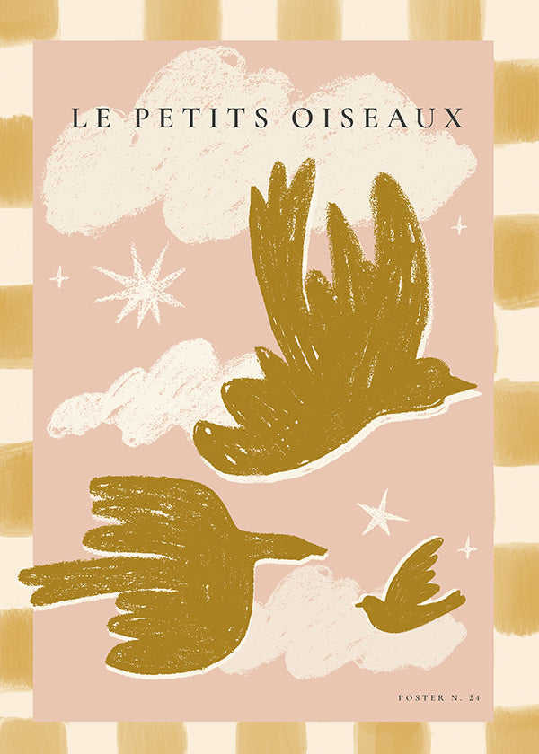 Oiseaux dorés sur fond rose