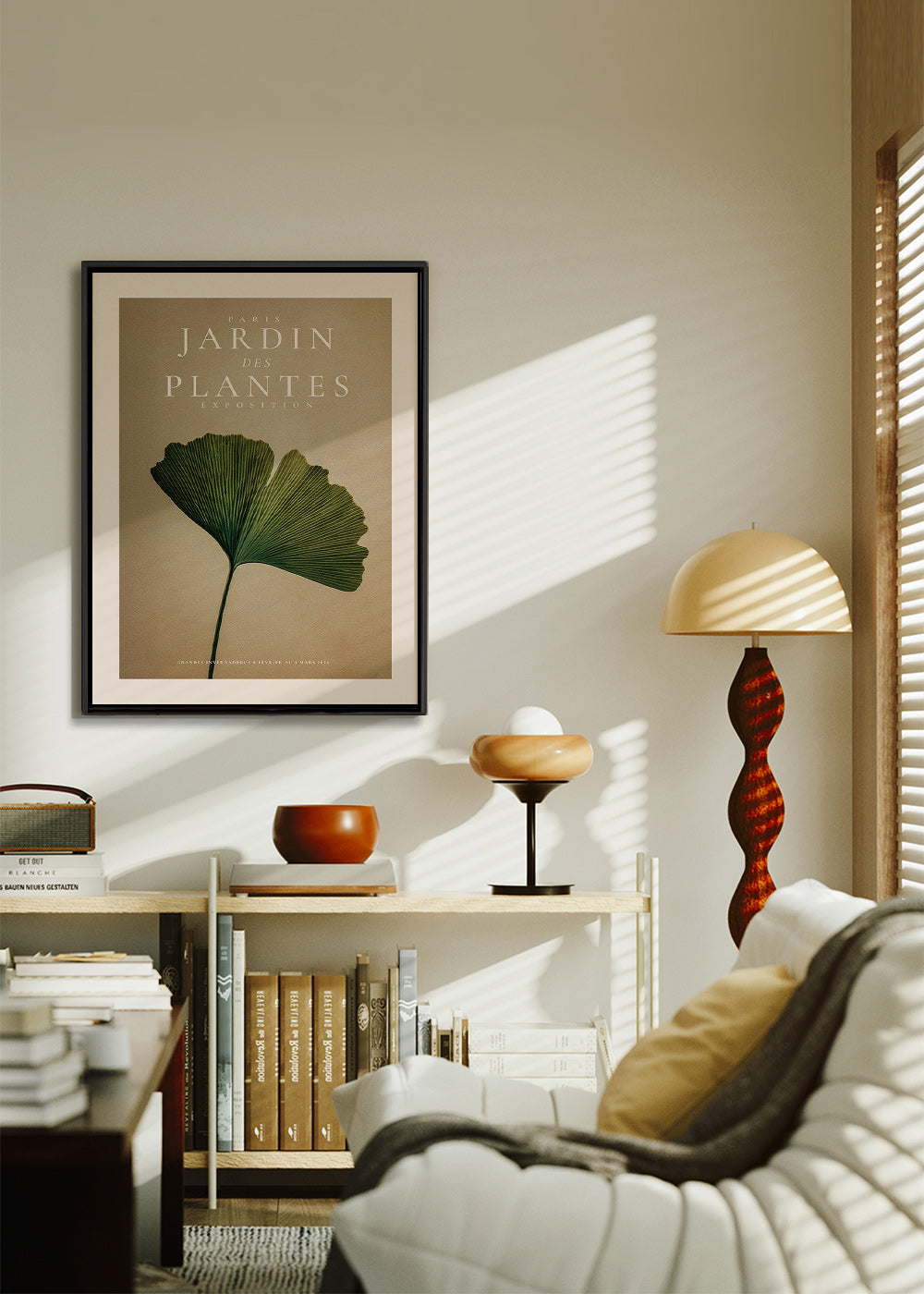 Impression botanique avec feuille de ginkgo et typographie classique