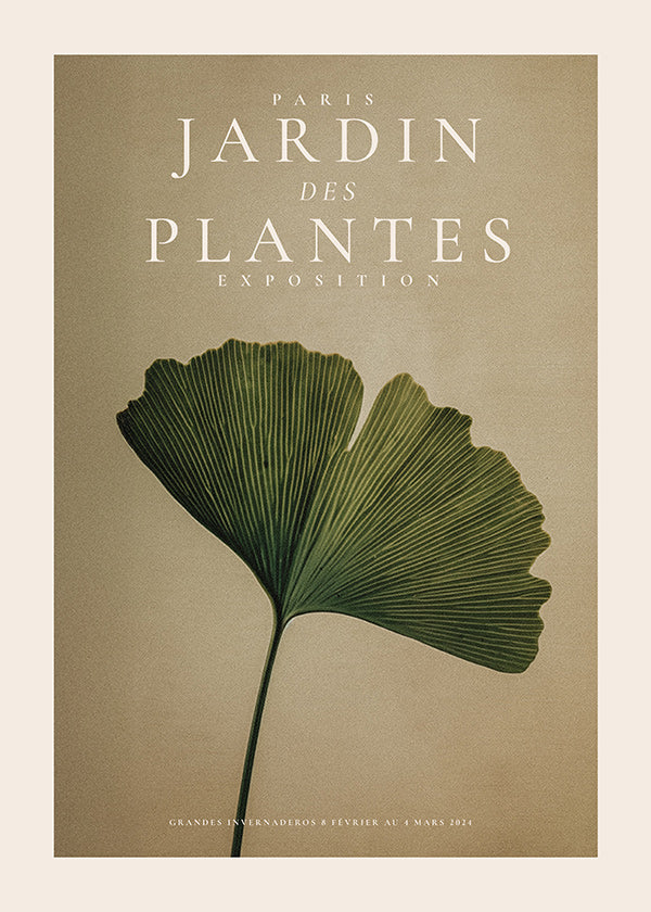 Impression botanique avec feuille de ginkgo et typographie classique