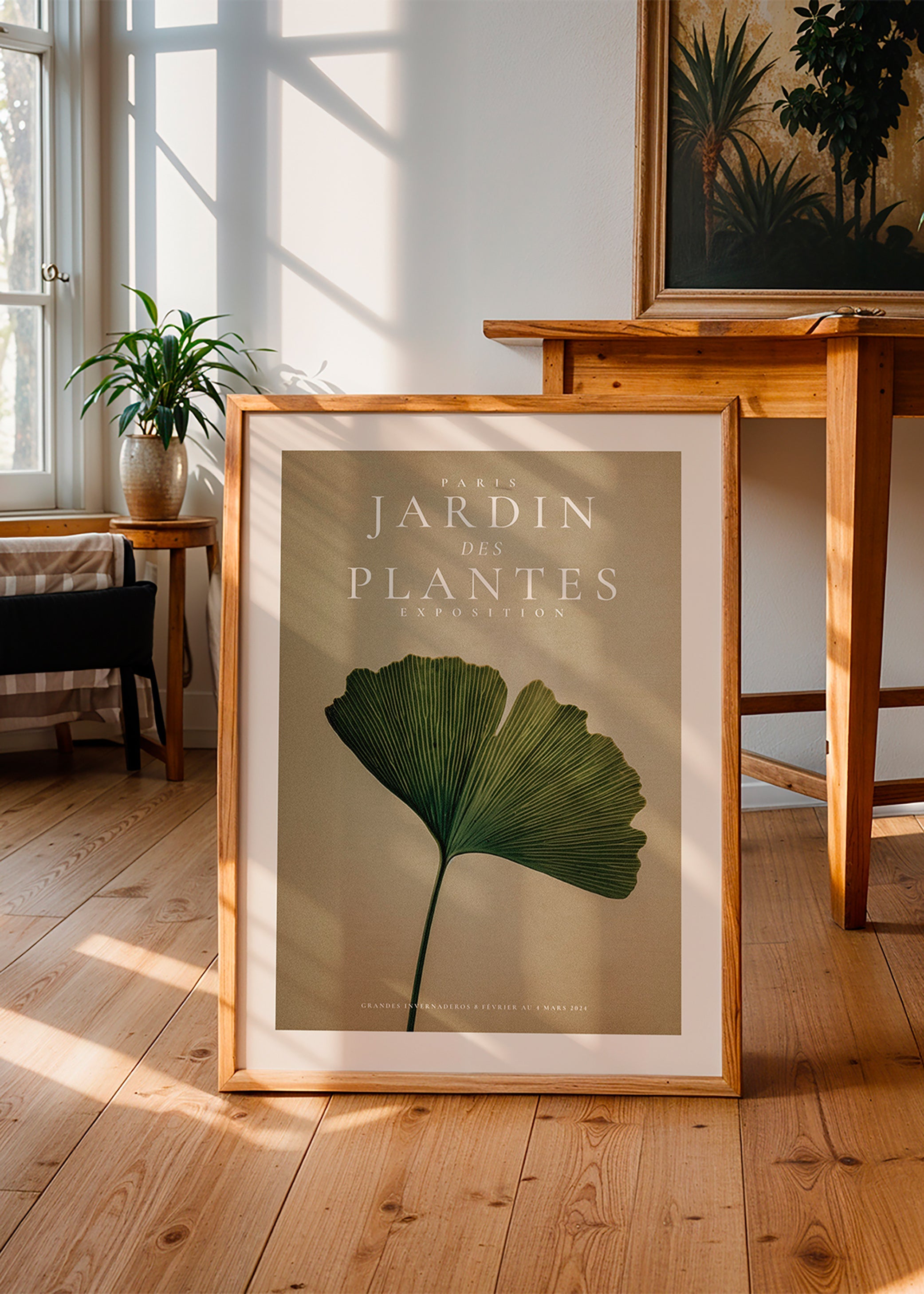 Impression botanique avec feuille de ginkgo et typographie classique