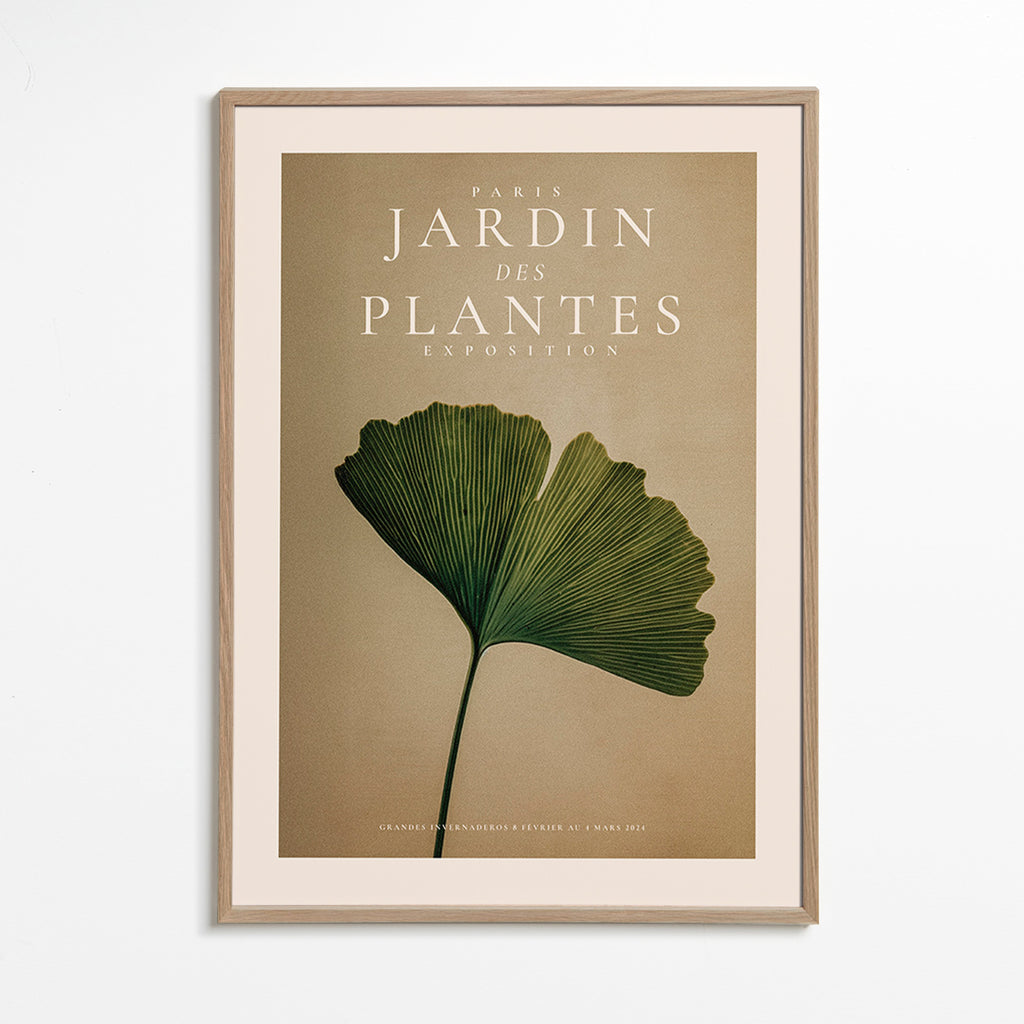 Impression botanique avec feuille de ginkgo et typographie classique