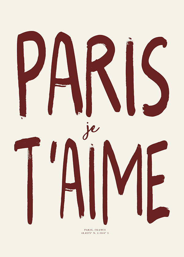 Tableau de voyage typographique Paris je t'aime