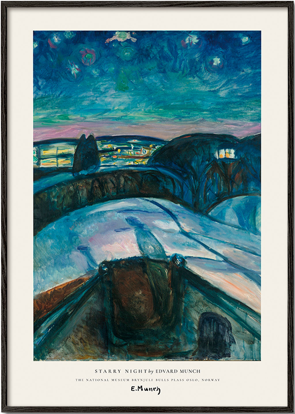 Tableau de paysage ciel étoilé et collines enneigées
