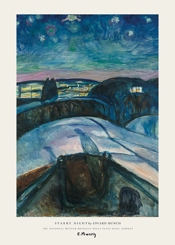 Tableau de paysage ciel étoilé et collines enneigées