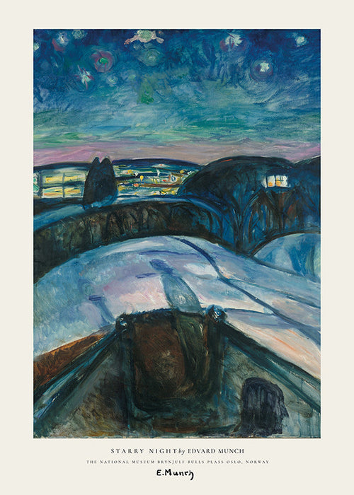 Tableau de paysage ciel étoilé et collines enneigées