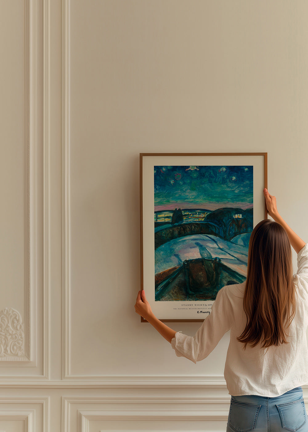 Tableau de paysage ciel étoilé et collines enneigées