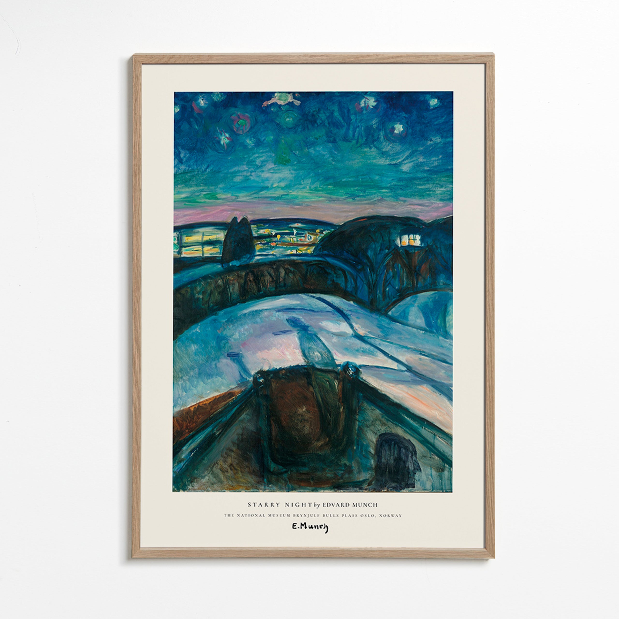 Tableau de paysage ciel étoilé et collines enneigées