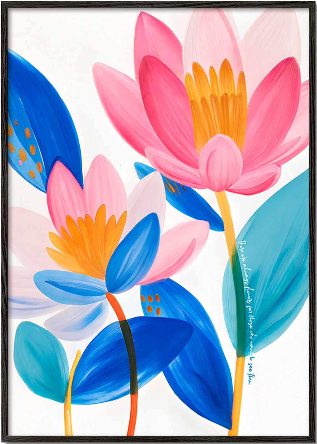 Impression botanique fleurs roses et bleues