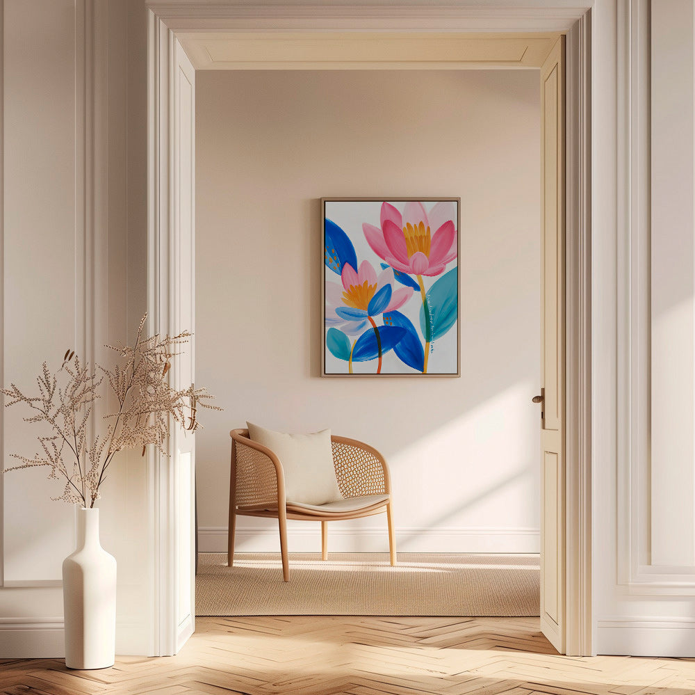 Impression botanique fleurs roses et bleues
