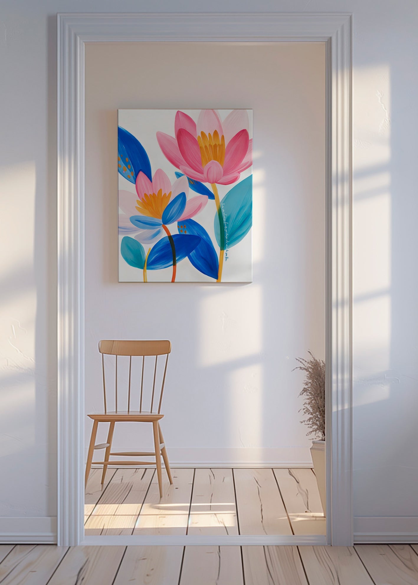 Impression botanique fleurs roses et bleues
