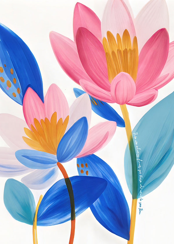 Impression botanique fleurs roses et bleues