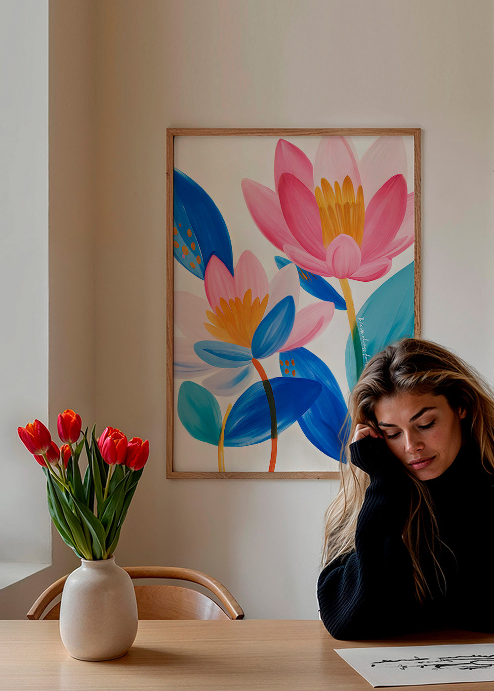Impression botanique fleurs roses et bleues
