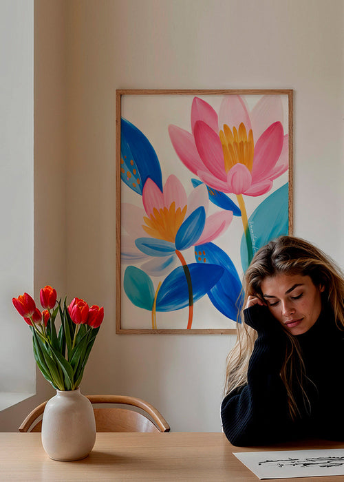Impression botanique fleurs roses et bleues