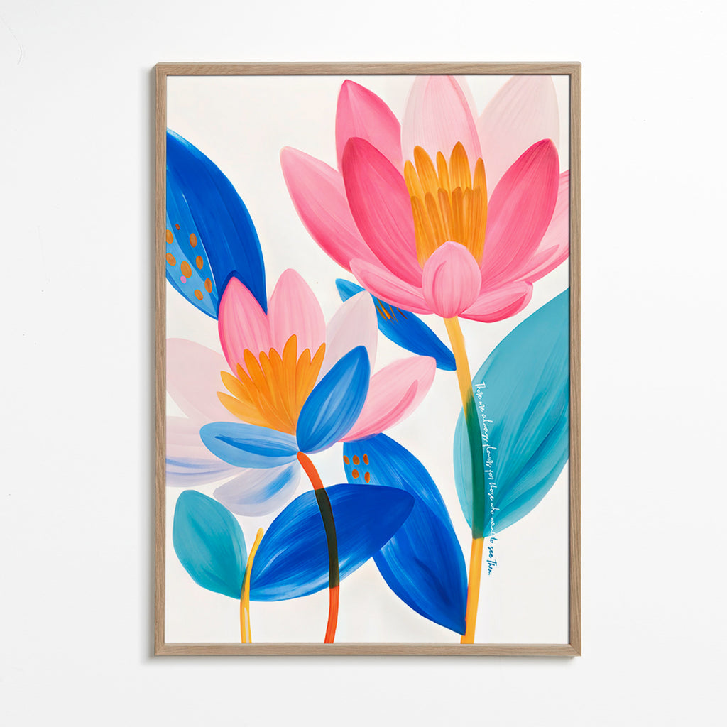 Impression botanique fleurs roses et bleues