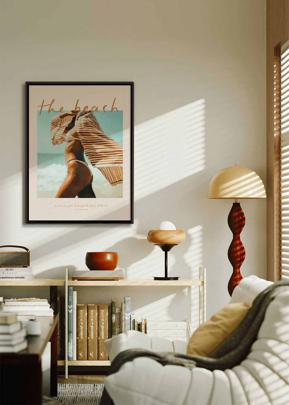Tableau de paysage avec silhouette de plage et serviette rayée