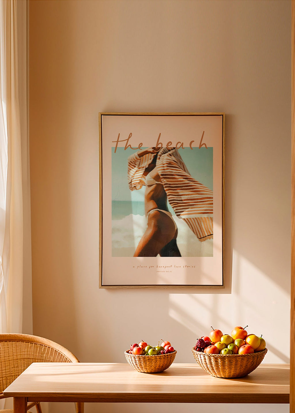 Tableau de paysage avec silhouette de plage et serviette rayée