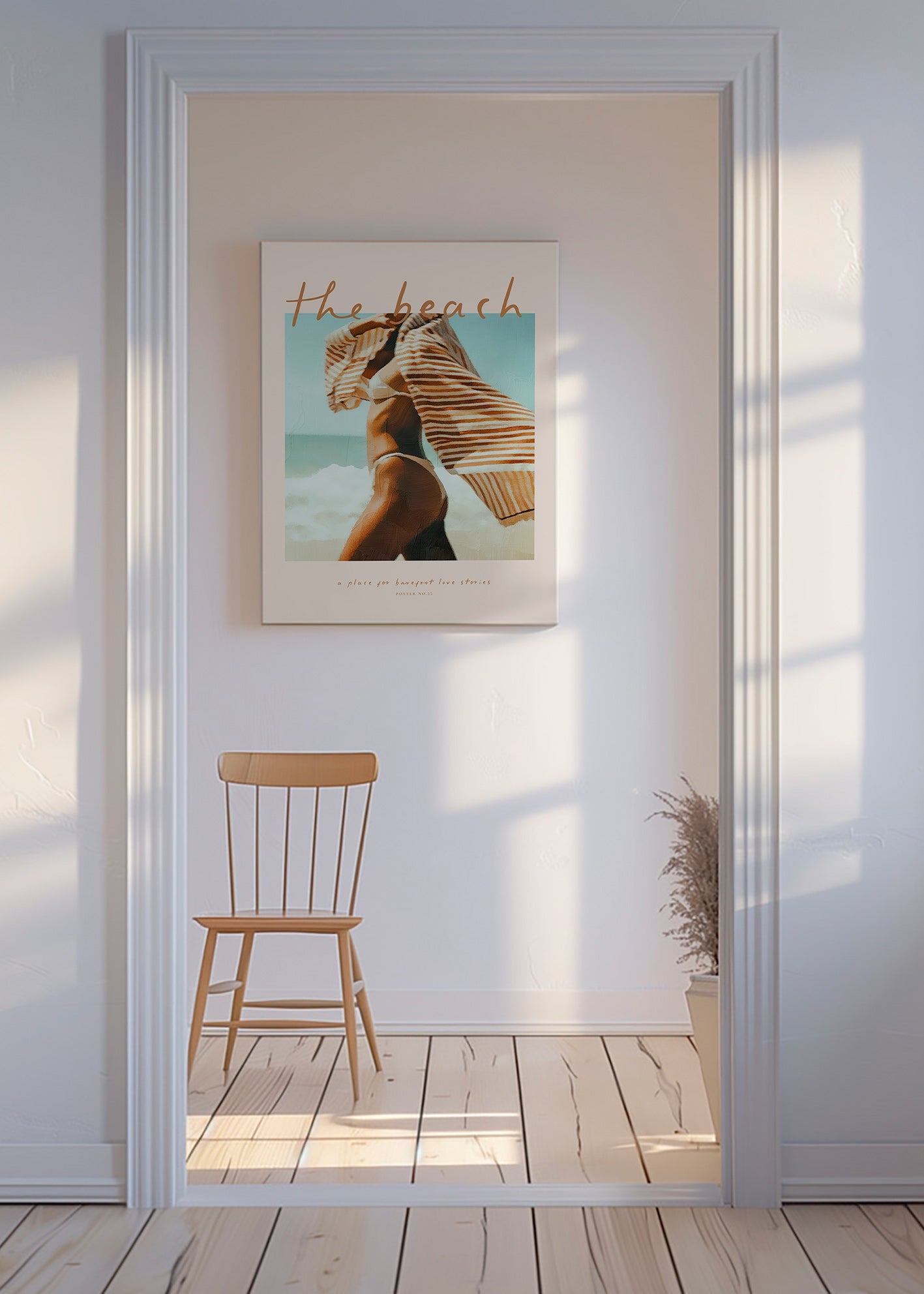 Tableau de paysage avec silhouette de plage et serviette rayée