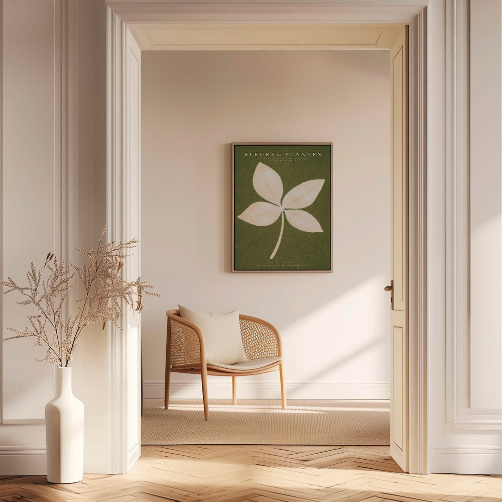 Impression botanique: feuille crème sur fond vert