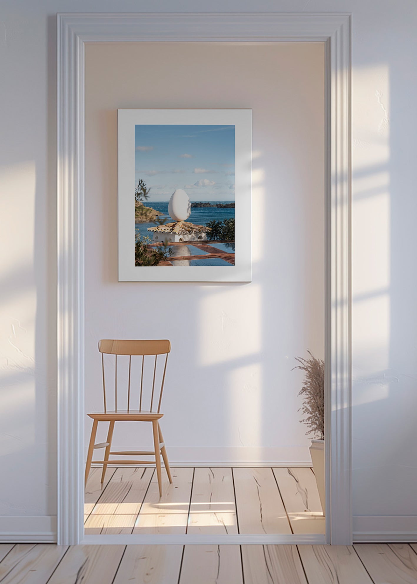 Art de paysage avec œuf sculptural en bord de mer