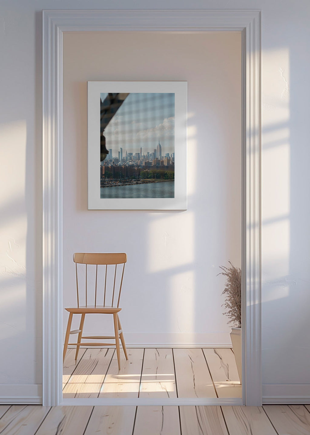Tableau de ville avec skyline vu depuis une fenêtre
