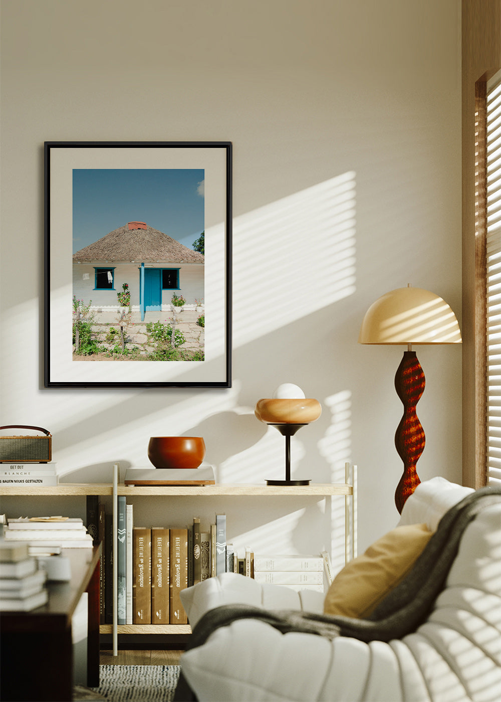 Tableau paysager: maison à porte bleue