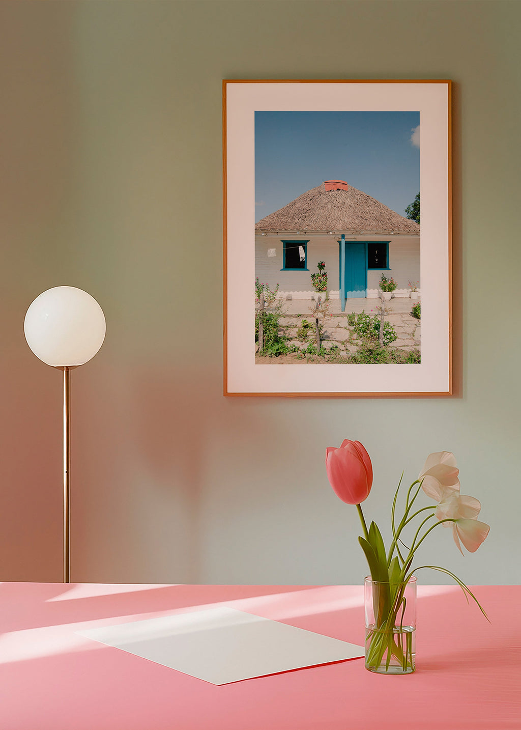Tableau paysager: maison à porte bleue