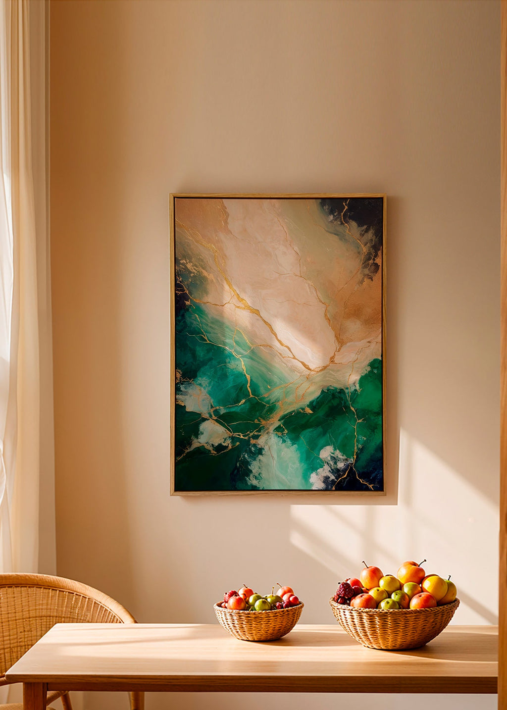 Cuadro abstracto en verde y dorado con vetas minerales – Canvas2