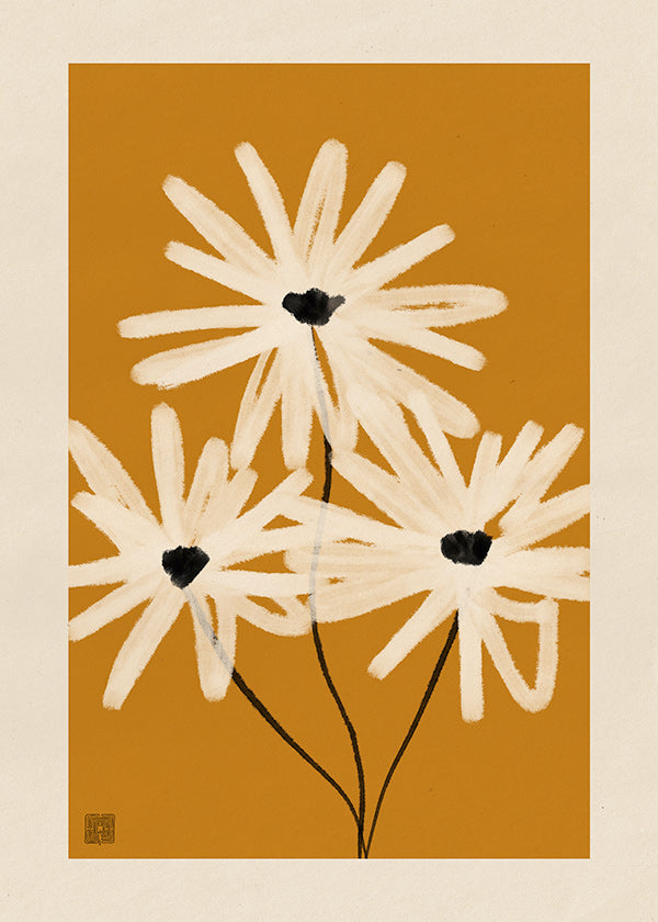 Lámina botánica de margaritas sobre fondo mostaza