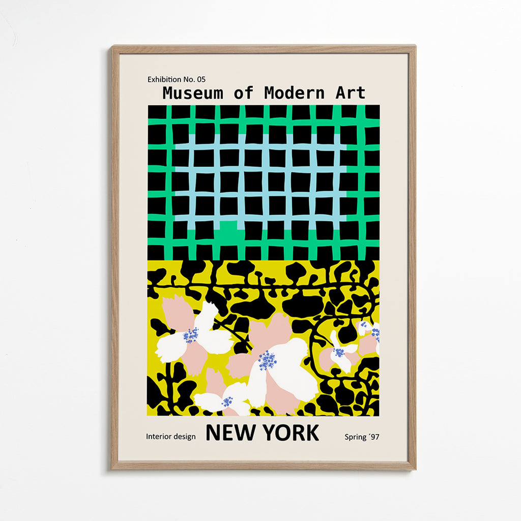Cuadro de ciudades: póster tipográfico New York con motivos florales – Oak Frame