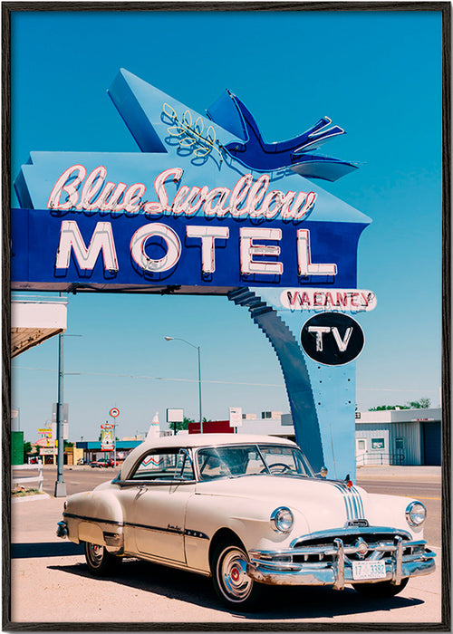 Cuadro vintage de motel y coche clásico – Black Frame