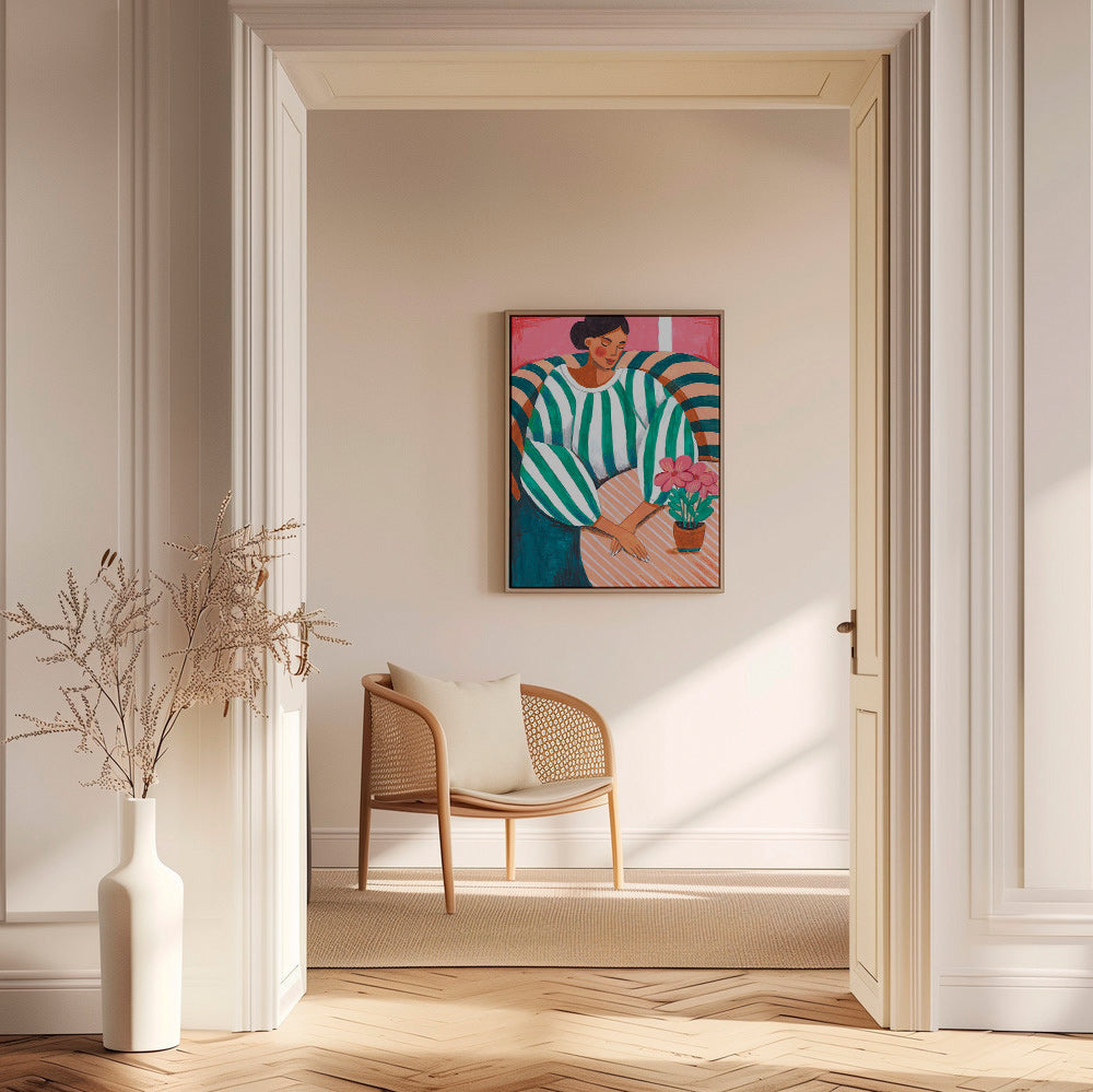 Ilustración de mujer en rayas con maceta – Canvas1