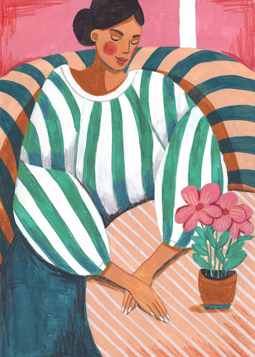 Woman in stripes in thought - Unframed art print
